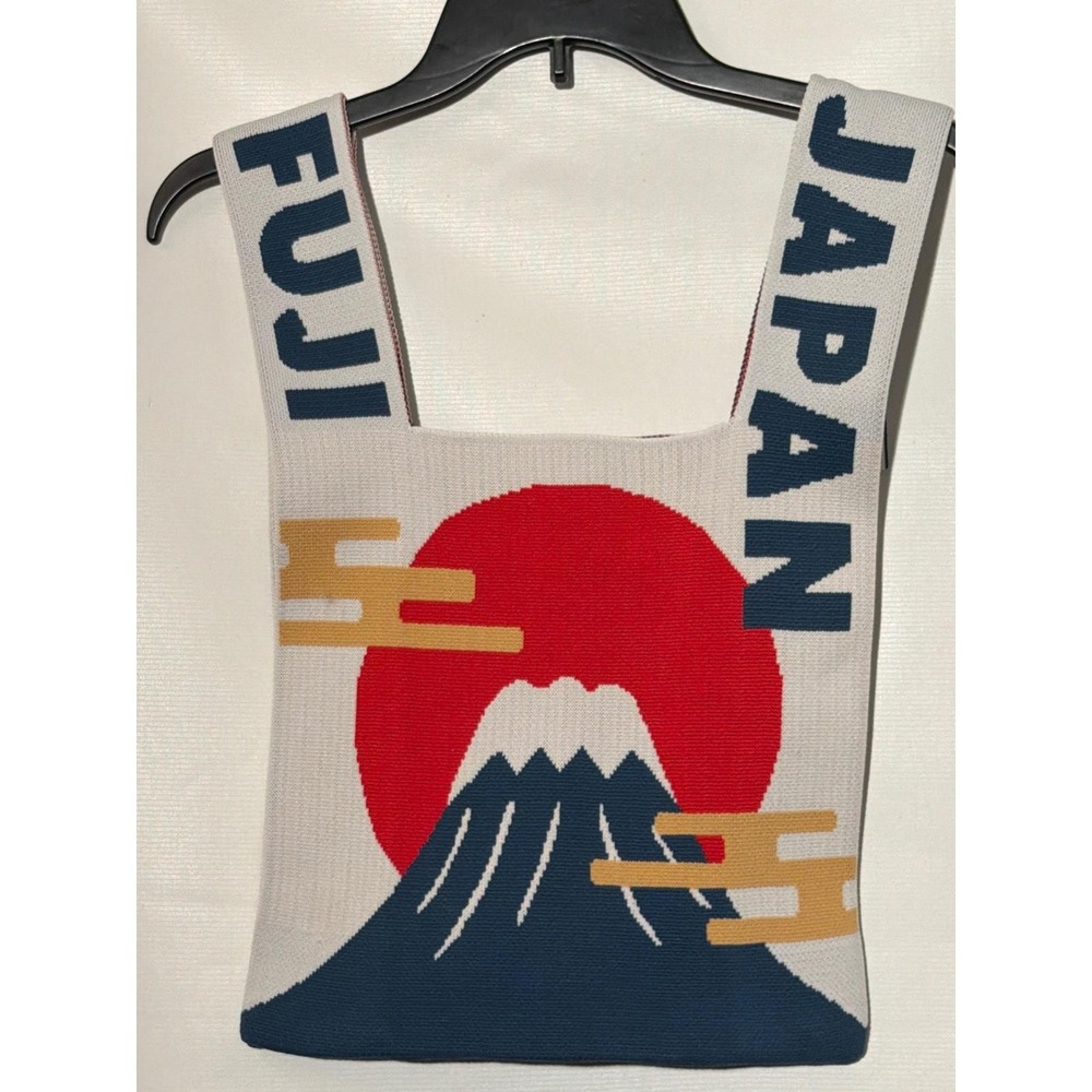 Japan Style Mount Fuji Knit Tote Bag White Blue Red New With Tags